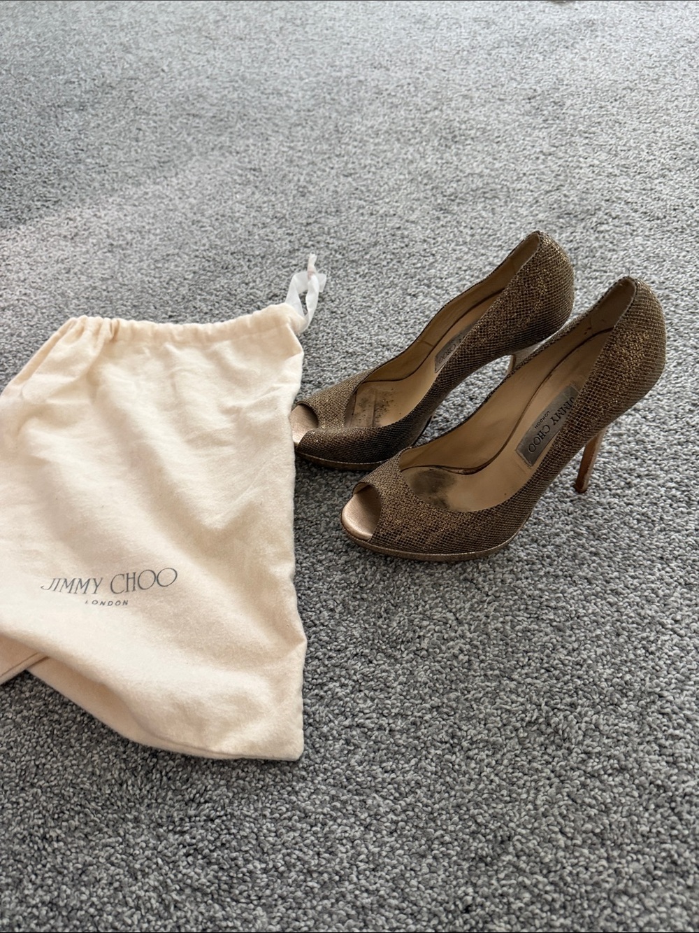 Jimmy Choo Metallic Bronze Peep-Toe Stiletto Heels